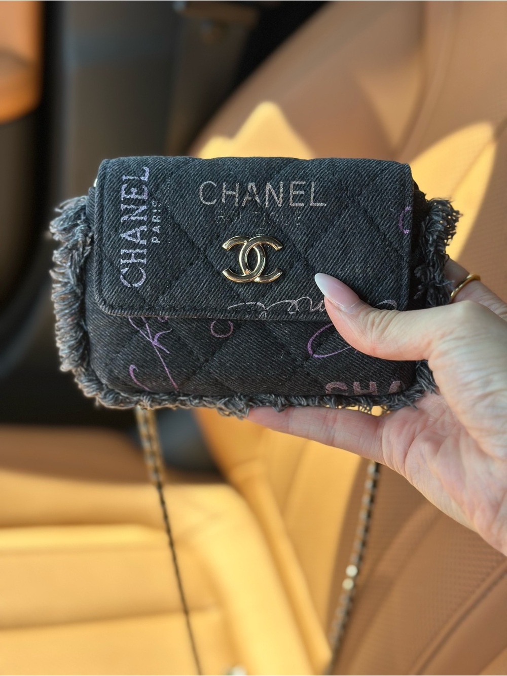 Auth CHANEL Mini Black Denim Fringe Printed Crossbody Bag Handbag a79